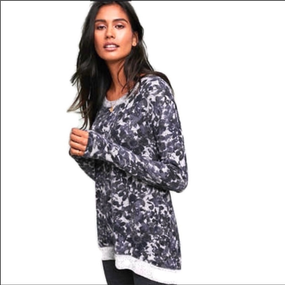 ANTHROPOLOGIE SATURDAY SUNDAY FLORAL BRUSHED FLEECE FUZZY HI LOW TUNIC SWEATER